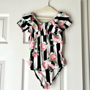 Luxury GB girls Floral Stripe One-Piece Swimsuit - Black, White & Pink